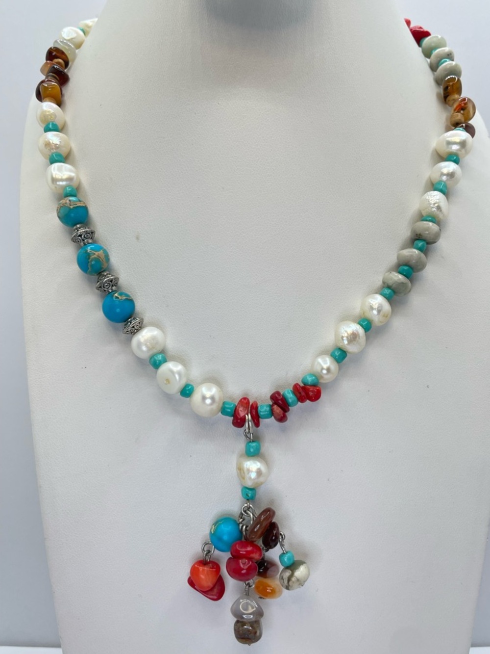 Freshwater Pearl Coral Turquoise Agate Jasper Beaded Necklace Sterling Silver